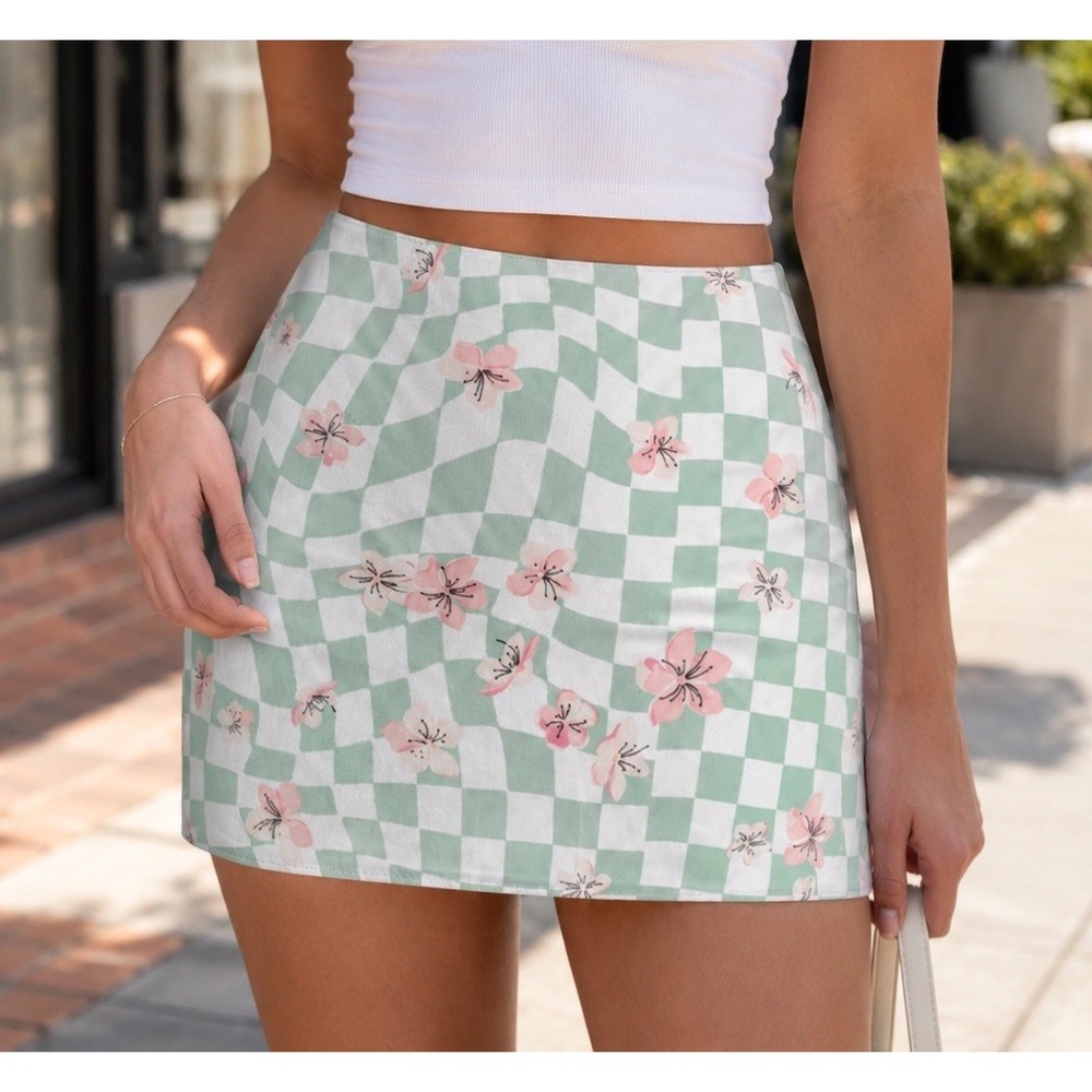 Hollister Women's S Mint Green White Checker Floral Ultra High Rise Mini Skirt